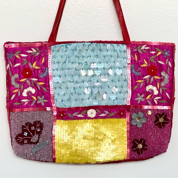 Christiana Mini Tote Fully Beaded & Embellished Bag Fuchsia Pink Gold EUC - Picture 2 of 13